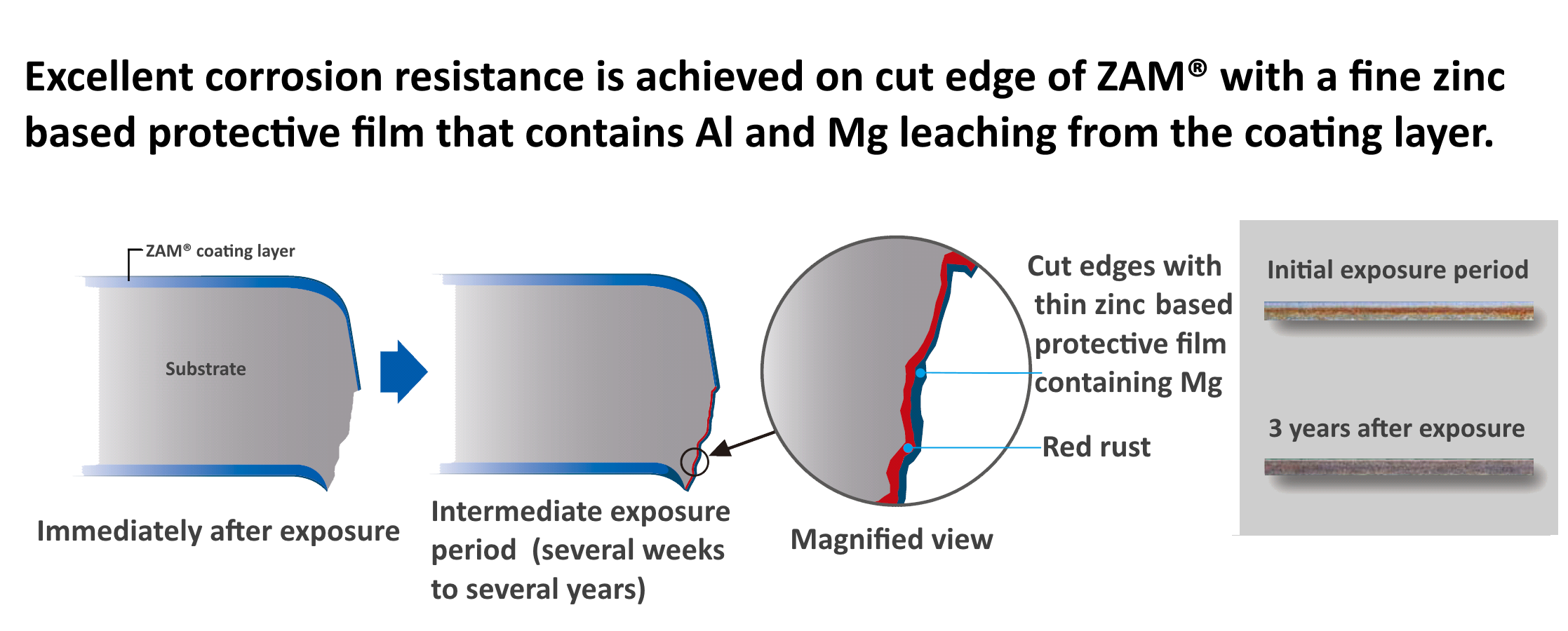 Illustration of excellent corrosion resistance achieved on cut edge of ZAM