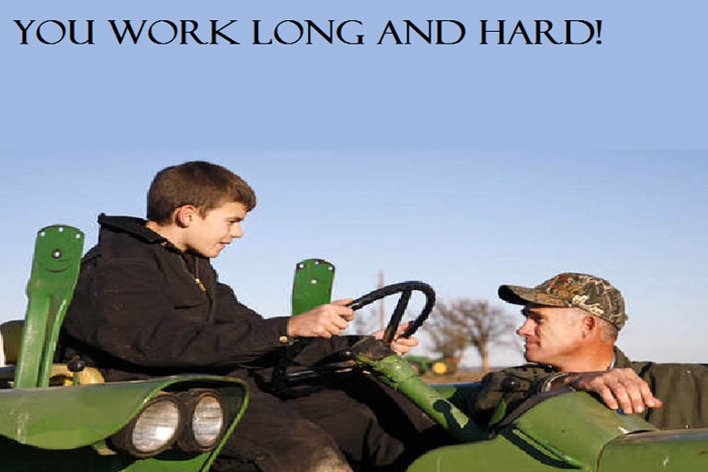 Picture of hard-working farmer and son on a tractor.